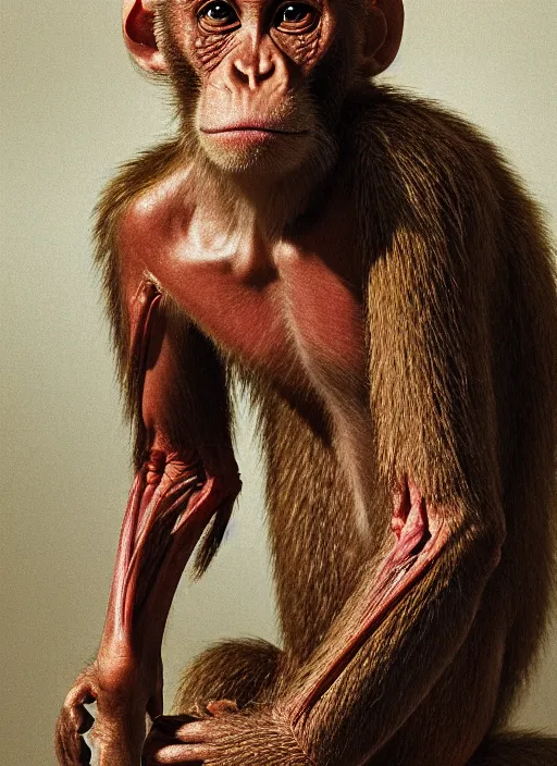 Image similar to portrait of a monkey with translucent skin, visible muscles and veins and arteries and bones and spines and nerves, beautiful detailed intricate insanely detailed octane render, 8 k artistic photography, photorealistic, chiaroscuro, by david cronenberg, raphael, caravaggio