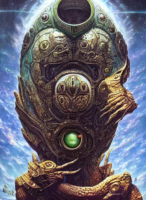 Prompt: phish spaceship mf doom reptile eyes, cosmic lsd poster art, intricate, elegant, highly detailed, centered, digital painting, artstation, concept art, smooth, sharp focus, illustration, artgerm, tomasz alen kopera, peter mohrbacher, donato giancola, joseph christian leyendecker, wlop, frank frazetta