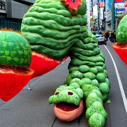 Prompt: giant cactus monster in tokyo city throws watermelons