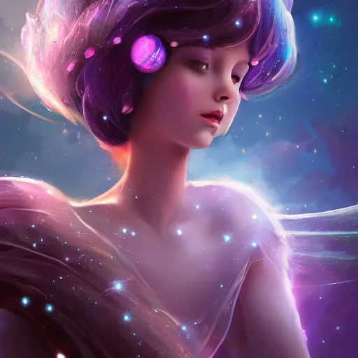 Prompt: magical fairy floating in space, epic cartoon portrait, beautiful, stunning concept art, highly detailed, galaxy background, rendered in octane, unreal engine, trending on artstation, realistic, diviantart, depth of field