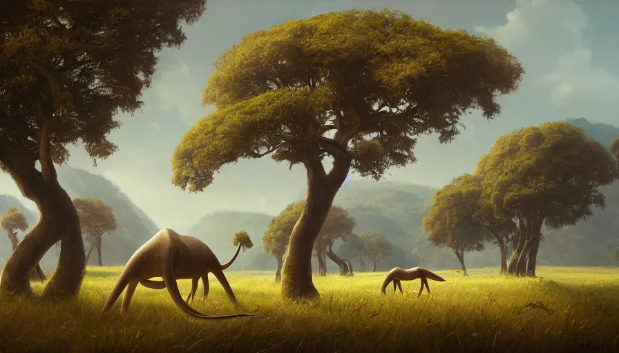 Prompt: beautiful highly detailed oil painting of a herd of diplodocus eating trees in a hilly grassy plain, by greg rutkowski, 4 k resolution