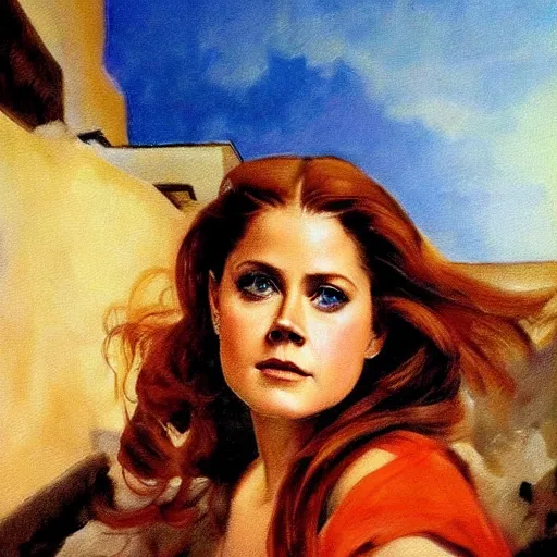 Prompt: ultra realistic portrait painting of amy adams in a santorini, art by frank frazetta, 4 k, ultra realistic, highly detailed, epic lighting
