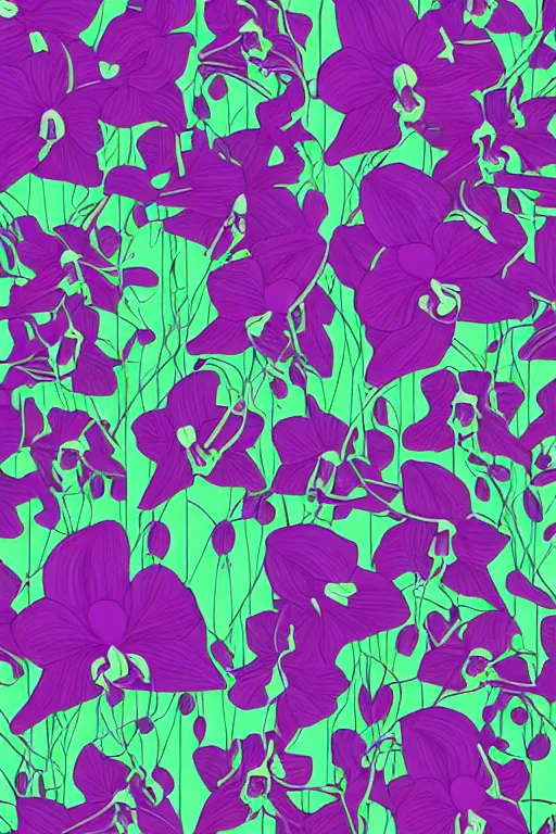 Prompt: orchids, screen print, cut out, flat, bold, gradients, vector, dynamic composition, vaporwave