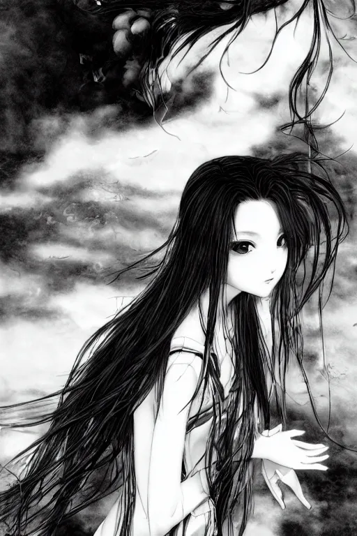 Image similar to a vertical portrait of a character in a scenic environment by Yoshitaka Amano, black and white, dreamy, dark eyes, wavy long black hair, highly detailed