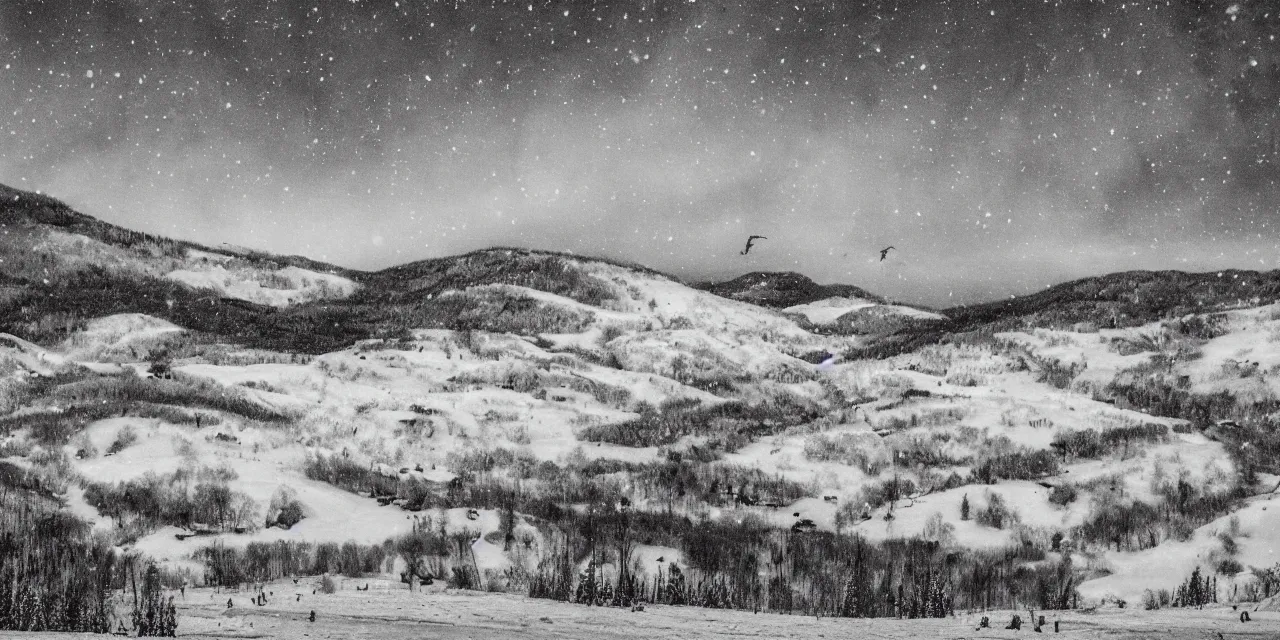 Prompt: laurentian appalachian mountains in winter, unique, original and creative black ink surrealist landscape, monochrome artwork, snowy night, aurora borealis, fauna, deers, ravens, lonely human walking, fascinating textures