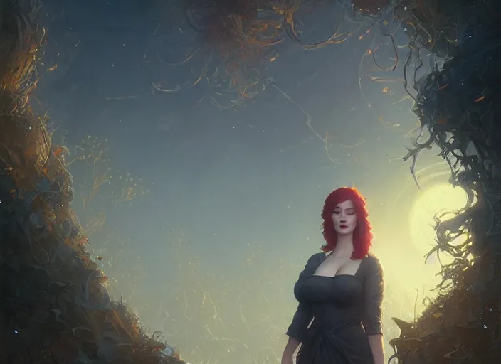 Image similar to highly detailed portrait of christina hendricks, stephen bliss, unreal engine, art by greg rutkowski, loish, rhads, ferdinand knab, makoto shinkai and lois van baarle, ilya kuvshinov, rossdraws, tom bagshaw, global illumination, radiant light, detailed and intricate environment