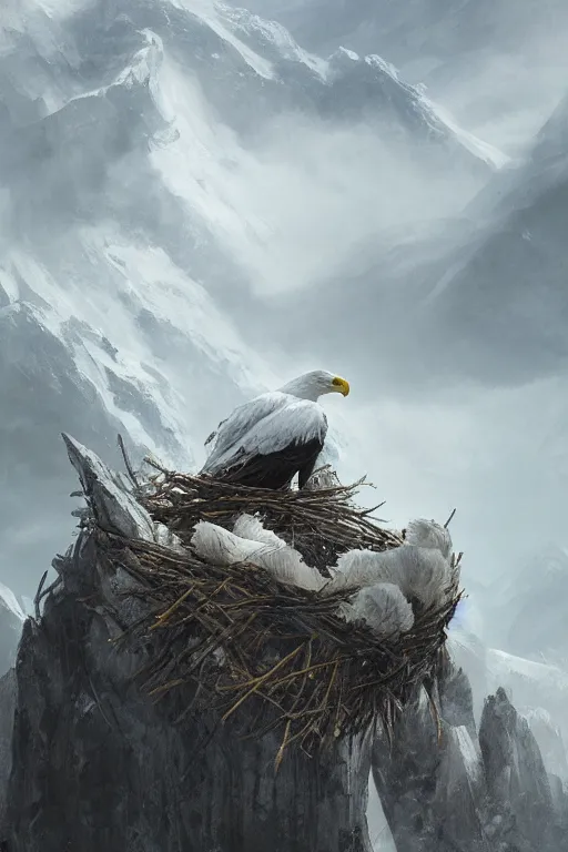 Image similar to portrait of majestic white eagle on his Nest in the mountains, Single face, dramatic lighting, cinematic, establishing shot, extremly high detail, photo realistic, cinematic lighting, post processed, concept art, artstation, matte painting, style by eddie mendoza, raphael lacoste, alex ross