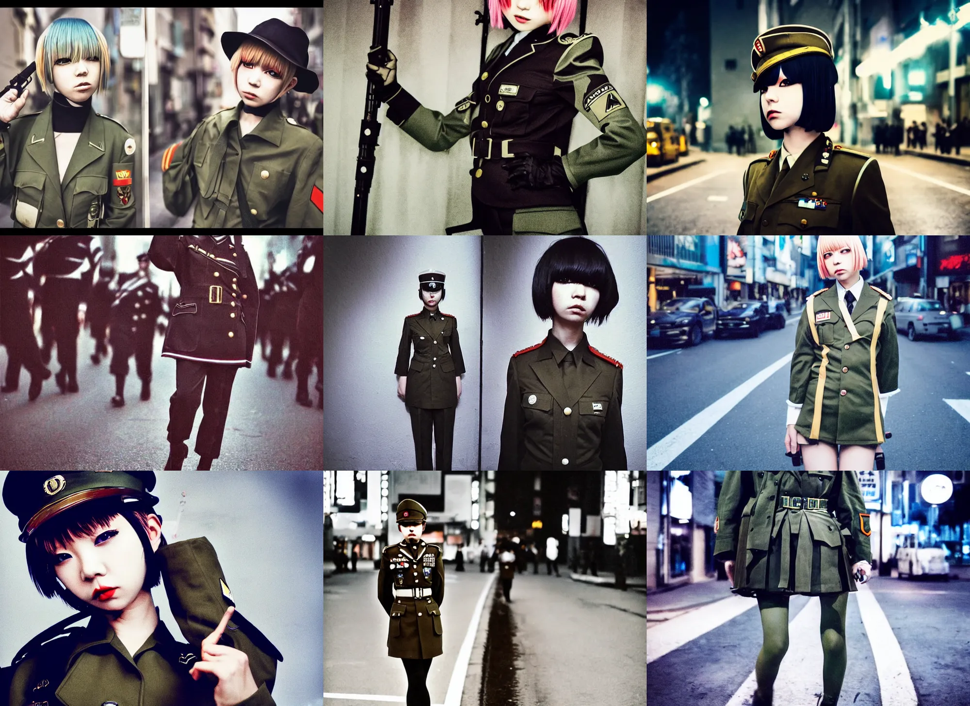 Prompt: lomography, full body portrait photo of reol wearing a retro military uniform marching down the street in shibuya exterior at night, moody, realistic, dark, skin tinted a warm tone, light blue filter, hdr, rounded eyes, detailed facial features, very dark
