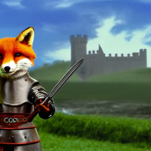 Prompt: anthropomorphic!!! fox!! who is a medieval knight holding a sword towards a stormy thundercloud 1 9 3 0 s film still, castle in the background