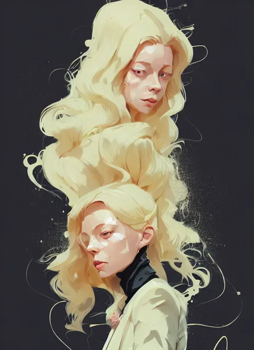 Image similar to highly detailed closeup portrait of beautiful portia doubleday, blonde wavy hair, angela moss, white suit by atey ghailan, by greg rutkowski, by greg tocchini, by james gilleard, by joe fenton, by kaethe butcher, gradient yellow, black and white color scheme, grunge aesthetic!!! ( ( graffiti tag wall background ) )