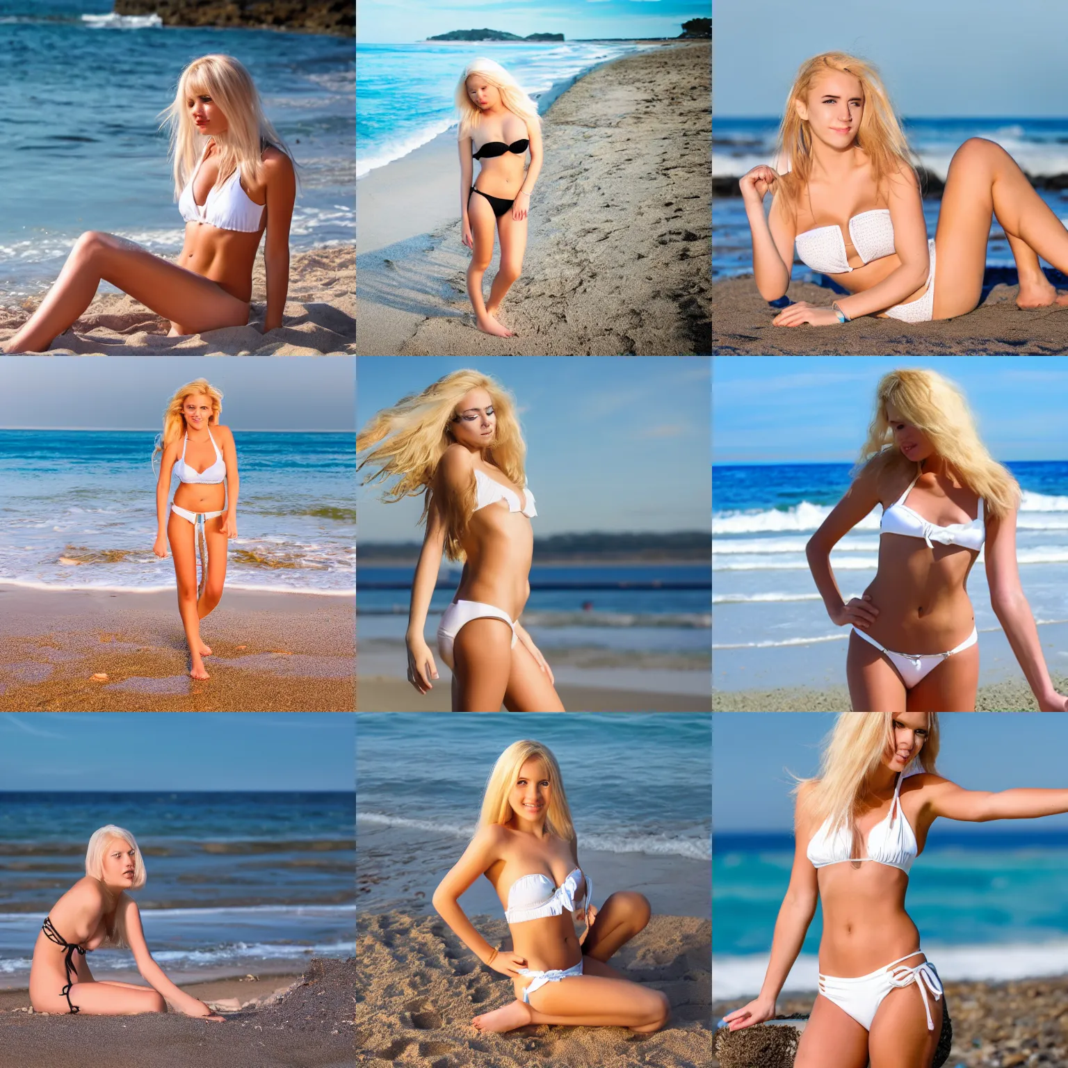 Prompt: young girl with blond hair photoshoot at the beach, white bikini, hd, 4k, 8k, 80mm, 85mm