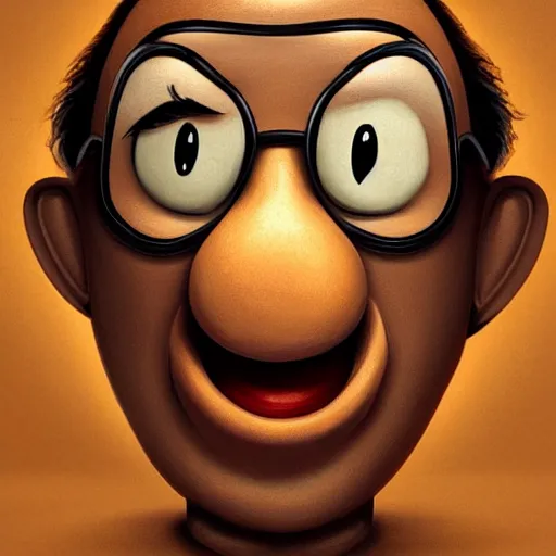 Image similar to teteaclaquestv mr potato head caricature, artgem, digital painting, color painting, hyperrealistic, concept art, oil painting, masterpiece, concept art, trending on deviantart, realistic and detailed face, highly detailed, high quality, 8 k, soft lighting, fancy colors, fantasy, cinematic, high coherence