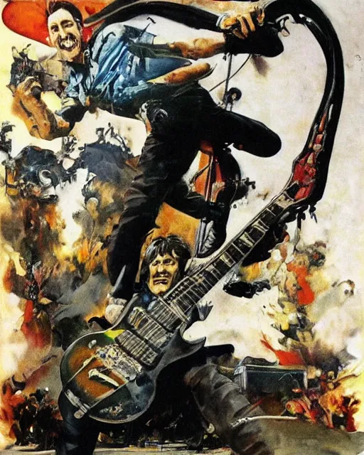 Prompt: Barry Chuckle ripping a solo on a Gibson Les Paul, heavy metal artwork by Frank Frazetta