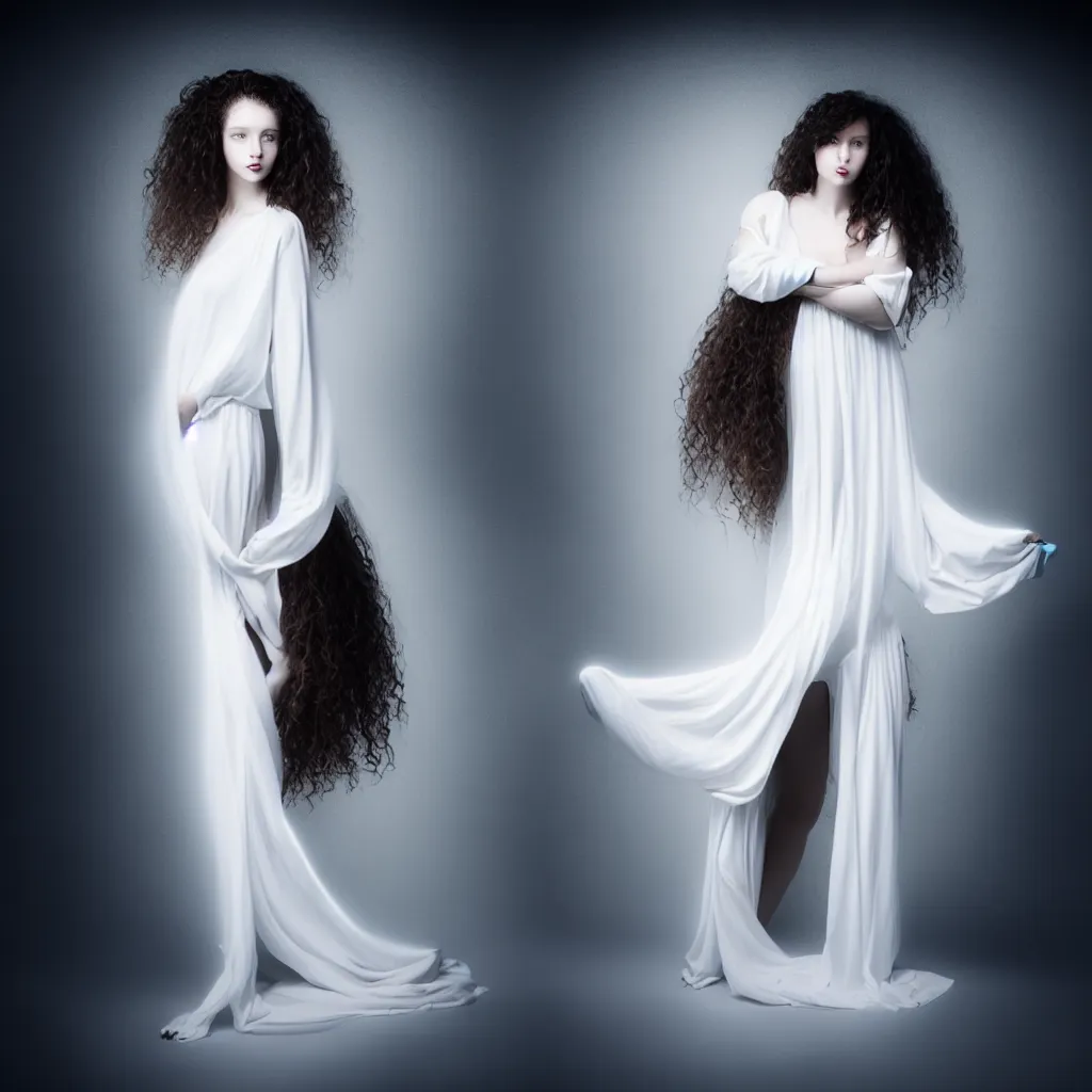 Image similar to a young woman with long curly hair, dressed in long white, light painting in style of Paolo Roversi, professional studio lighting, dark background, hyper realistic photography, fashion magazine style