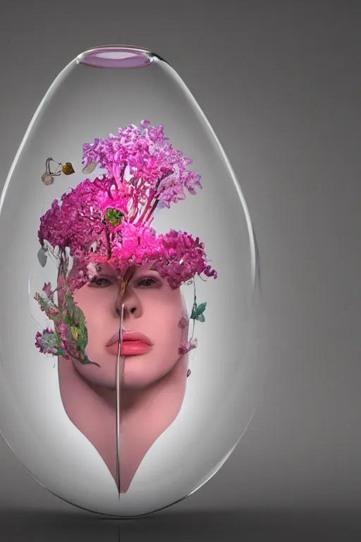 Prompt: ultra realistic 3 d render of a floral biome breaking out of the inside of a beautiful transparent glass women figure, by anwar mostafa and farid ghanbari