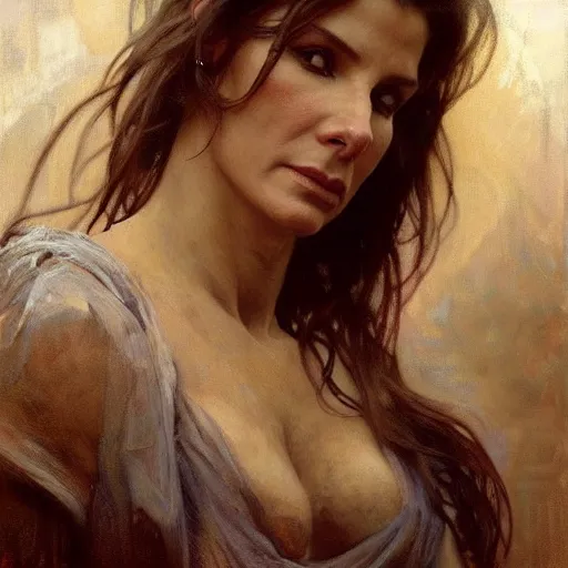 Image similar to hyperrealist portrait of sandra bullock as lady godiva. by jeremy mann and alphonse mucha, fantasy art, photo realistic, dynamic lighting, artstation, poster, volumetric lighting, very detailed faces, 4 k, award winning