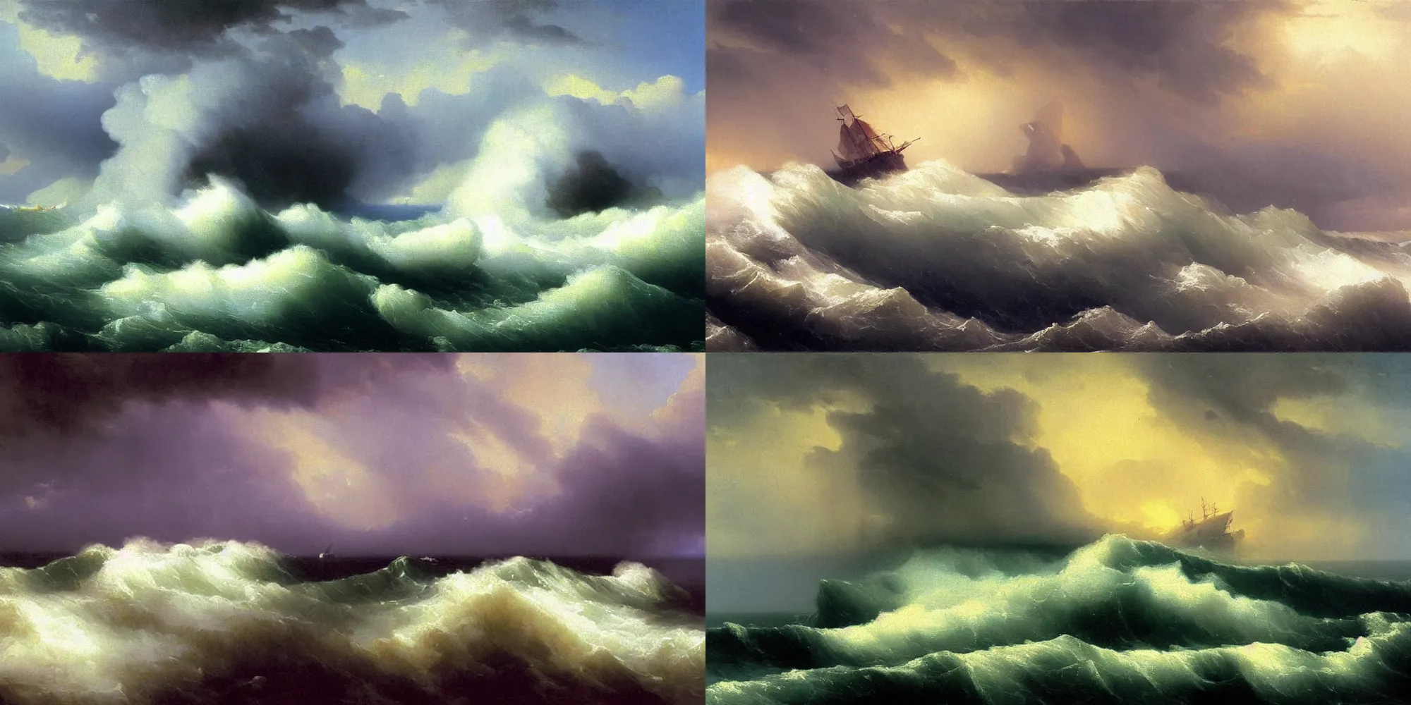 Prompt: perfect storm in the ocean. large waves, heavy stormy clouds. struggling ship to stay afloat. rocky cliff in the background. art by ivan aivazovsky. oil painting, very high details. realistic. epic