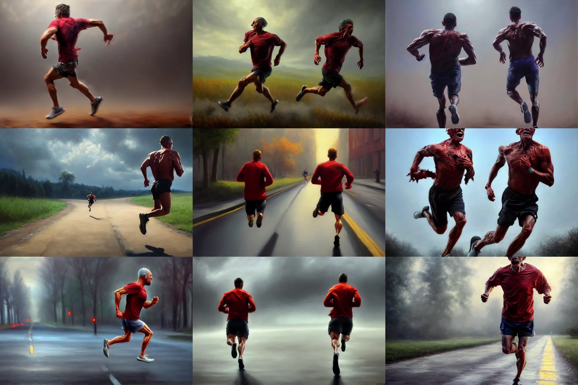 Prompt: ( ( a beautiful 8 k photorealistic masterpiece oil painting ) ( of ( a man running ) ( monsters try to kill him ) ) ( hyperrealism ) ( 1 6 k ) ( trending on artstation )