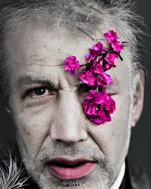 Image similar to portrait of a man, close-up, ice on the face, steel skin, high sharpness, zeiss lens, fashion photo shoot, flowers, gray hair, Coral lipstick, in the background black , in pink, illumination semidark , Edward Buba , Annie Leibovitz , Paolo Roversi , David Lazar , Jimmy Nelsson , Eiko Hosoe , artistic , hyper-realistic , beautiful face , octane rendering