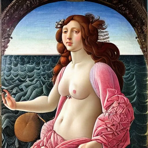 Image similar to an hyperrealistic mythological oil painting of venus with long brown hair, full body, wearing pink floral chiton, sleeping on a giant scallop shell, near the seashore, intricate lines, elegant, renaissance style, by sandro botticelli