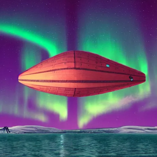 Image similar to fantasy airship flying through the aurora borealis