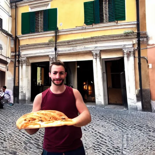 Prompt: A friendly looking maranza offering you a calzone in Rome