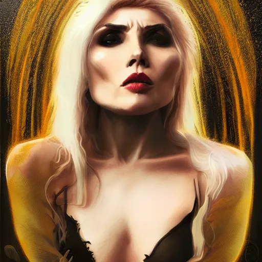 Image similar to a portrait of a younger debbie harry as a sorceress, urban motifs, intricate, elegant, highly detailed, digital painting, trending on artstation, concept art, smooth sharp focus, illustration, art by artgerm and greg rutkowski