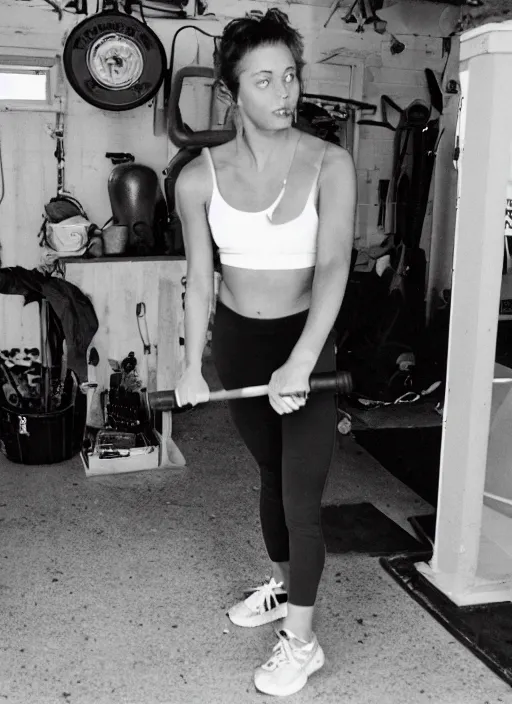 Prompt: 90's Photos, A beautiful woman is working out in the garage.