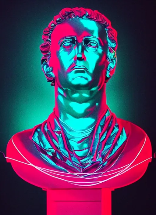 Image similar to statue of julius caesar, beeple, android jones, dan mumford, vaporwave, retrowave, black background, neon wiring, black, glitch, strong contrast, cuts, pinterest, trending on artstation