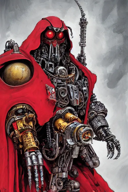 Image similar to portrait of adeptus mechanicus in red hood and robe from Warhammer 40000. Highly detailed, artstation, illustration by Karl Kopinski and Adrian Smith and John Blanche and zdislav beksinski and wayne barlowe