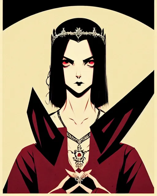 Image similar to beautiful teen vampire princess with tiara, symmetrical face, evil, portrait, cinematic, dramatic, powerful, super detailed and intricate, by koson ohara, by darwyn cooke, by greg rutkowski, by satoshi kon