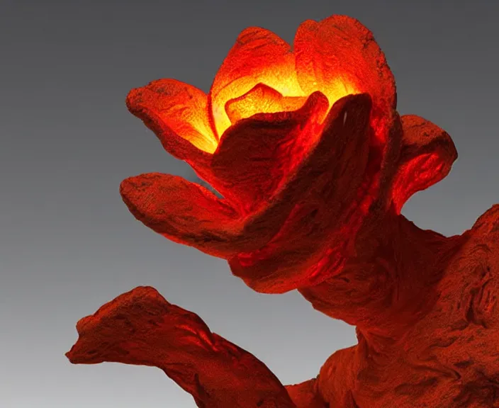 Prompt: a lava sculpture of a rose flower, digital art by studio ghibli and greg rutkowski, warm colors, beautiful, hyperrealism artstyle, amazing lighting