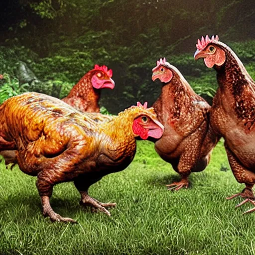 Prompt: jurassic park but with chickens, 4 k, movie still, realistic, photorealistic, lifelike, ultra, 4 k, hd, 8 k