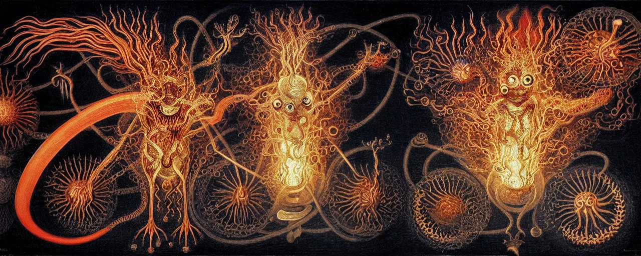 Image similar to a strange fire creature with endearing eyes radiates a unique canto'as above so below'while being ignited by the spirit of haeckel and robert fludd, breakthrough is iminent, glory be to the magic within, in honor of saturn, painted by ronny khalil