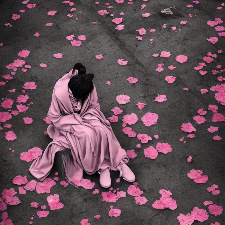 Prompt: cloudy cemetary with pink petals on the floor, goth woman sitting down, intricate details, complementary lighting, detailed face, backlighting, octane render, raytraced, depth of field, beautiful face, extremely detailed, trending in artstation, focus on face, sharp focus, radiant light, beautiful composition, yihao ren, zochi, zero - hour, jean paul fiction