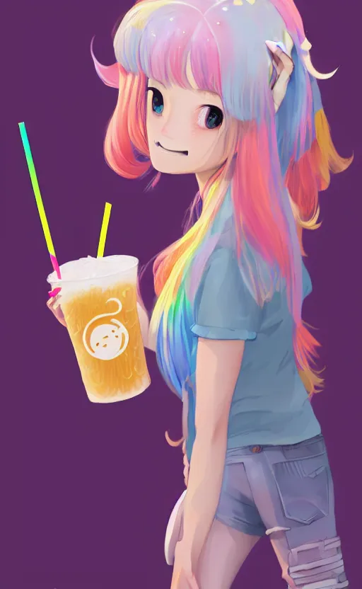 Prompt: a kawaii woman with rainbow hair, happy, summer time, holding boba tea drink, soft eyes and narrow chin, dainty figure, long hair straight down, kawaii shirt and jeans, basic white background, In style of by Jordan Grimmer and greg rutkowski, crisp lines and color