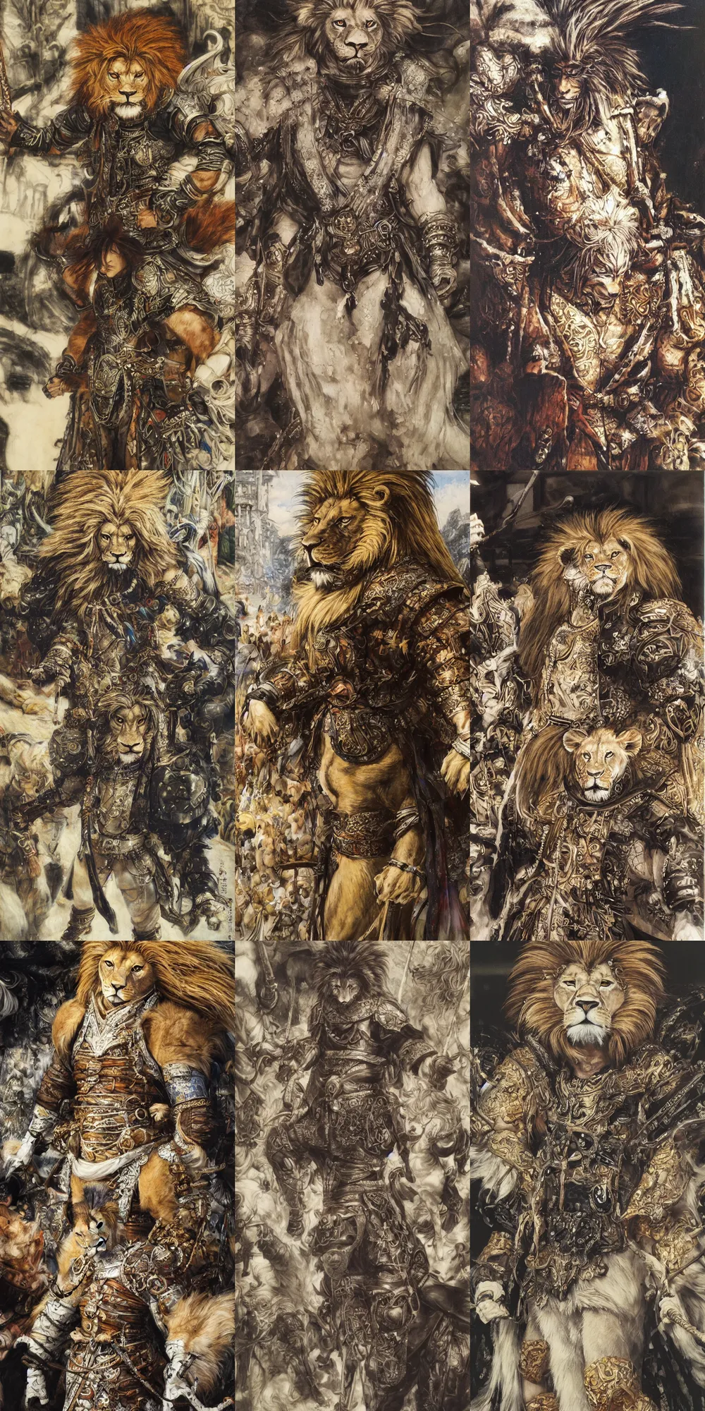 Image similar to 8 k yoshitaka amano painting of upper body of a young cool looking lion beastman with white mane at a medieval market at windy day. depth of field. he is wearing complex fantasy clothing. he has huge paws. renaissance style lighting.