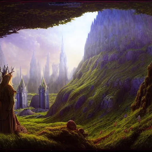 Image similar to a beautiful and highly detailed matte painting of the lost elven land of avalon, celtic, psychedelic, epic scale, insanely complex, hyperdetailed, sharp focus, hyperrealism, artstation, cgsociety, 8 k, by caspar friedrich, albert bierstadt, james gurney, brian froud,