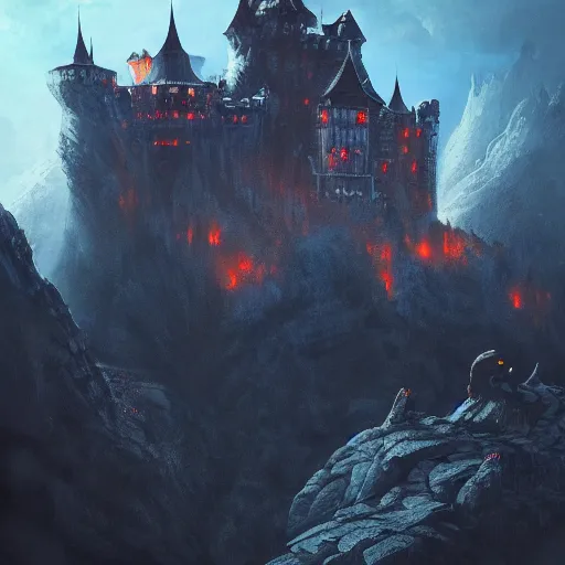 Prompt: dracula's castle, dark mountains, bats in sky, omnious feeling, winding gravel path, carpathian mountains, illustration, epic, fantasy, intricate, hyper detailed, artstation, concept art, smooth, oil painting, jessica rossier