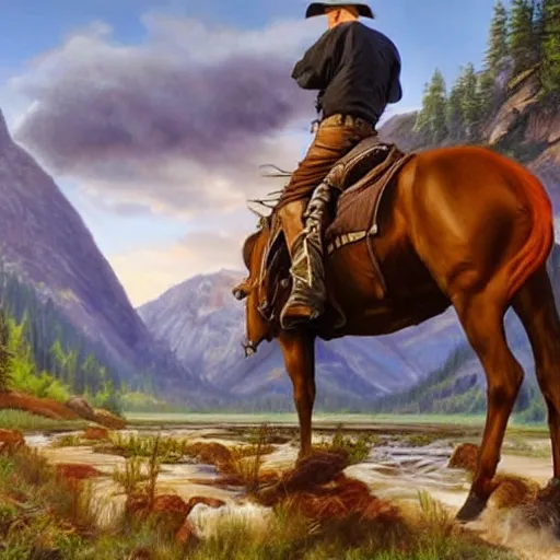 Image similar to hyper realistic painting in realism style of a cowboy on a horse crossing a river with mountains in the background