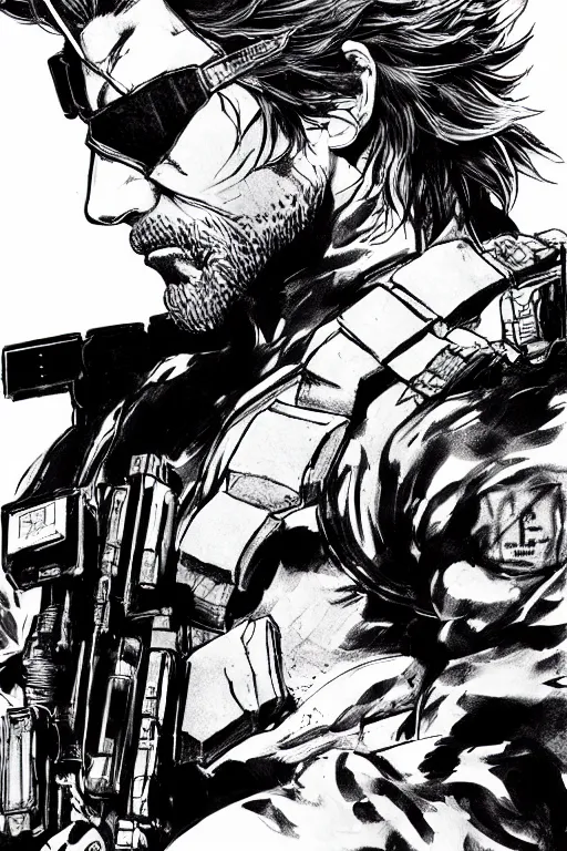 Prompt: solid snake from metal gear, sumi - e style, masterful, ultrafine hyperdetailed illustration, concept art, detailed, intricate linework, art by yoji shinkawa