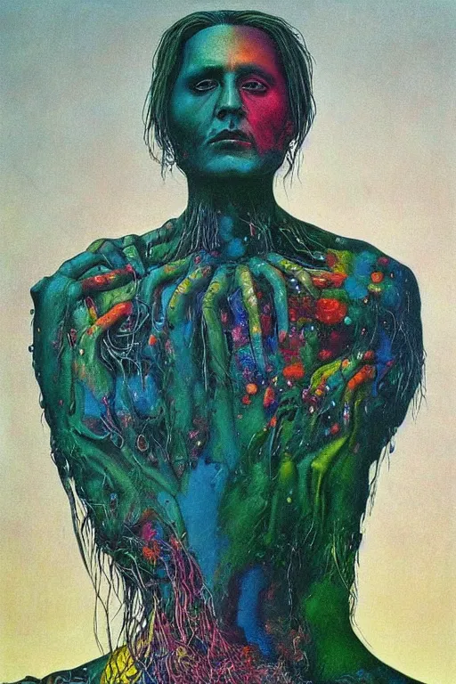 Prompt: portrait of johnny depp colourful shiny beautiful harmony painting by zdzisław beksinski