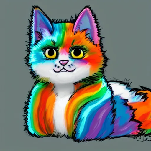 Image similar to wide angle full body, of a fluffy cute rainbow kitten wearing a black motorcycle jacket, concept art