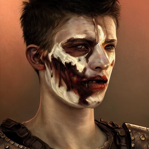 Image similar to portrait painting of a bitter young man with severe burn scars on his cheek and uneven very short hair wearing tattered leather armor, ultra realistic, concept art, intricate details, eerie, highly detailed, photorealistic, octane render, 8 k, unreal engine. art by artgerm and greg rutkowski and charlie bowater and magali villeneuve and alphonse mucha