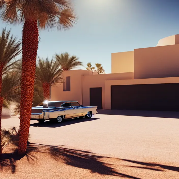 Prompt: hyper realistic, high detail photo of desert house with cadillac in the driveway, beautiful, happy lighting