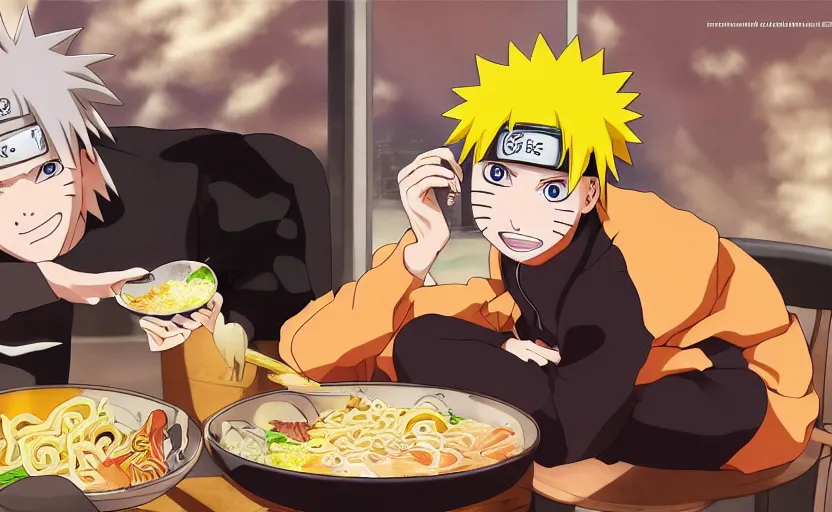 Prompt: Naruto eating a bowl of Ramen after a long day of training, digital art, 4k, anime wallpaper