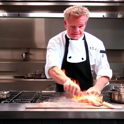 Image similar to Gordon Ramsey cooking a unicorn in a intricate kitchen 4k