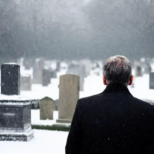 Image similar to A photo of a man wearing a black suit visiting a grave at the cemetery, grey weather