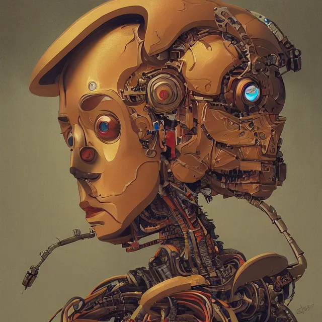 Prompt: robot artist painting a self - portrait on a canvas. intricate, highly detailed, digital matte painting, in the style of alexandros pyromallis, and in the style of sachin teng, and in the style of hans thoma, and in the style of gerald brom. irony, recursion, inspiration.