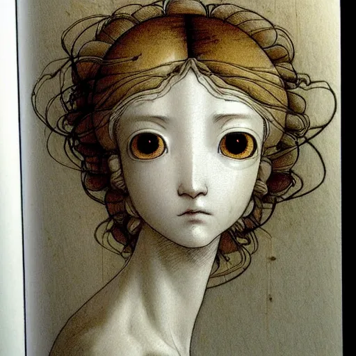 Image similar to prompt: Fragile looking vessel portrait face drawn by Katsuhiro Otomo, inspired by Carlo Dolci, magical and alchemical objects on the side, soft light, white background, intricate detail, intricate ink painting detail, sharp high detail, manga and anime 2000